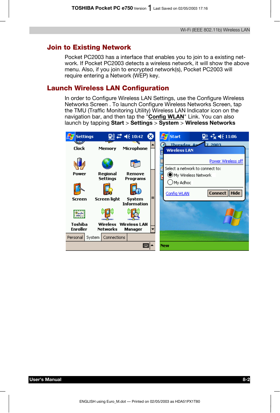 Join to existing network, Launch wireless lan configuration | Toshiba Pocket PC e750 User Manual | Page 116 / 215