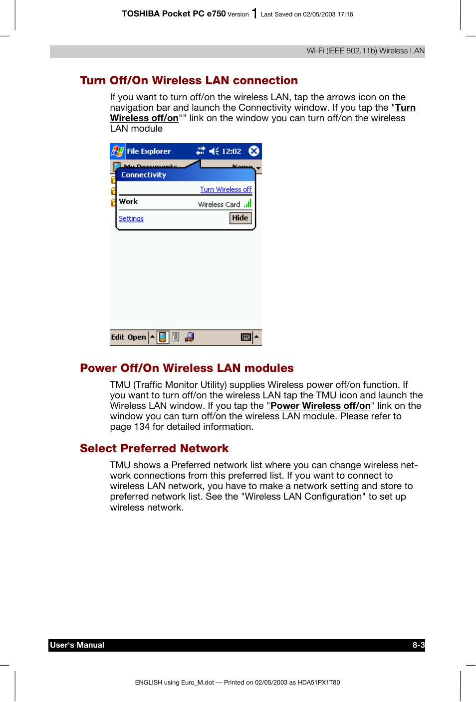 Turn off/on wireless lan connection, Power off/on wireless lan modules, Select preferred network | Toshiba Pocket PC e750 User Manual | Page 117 / 215