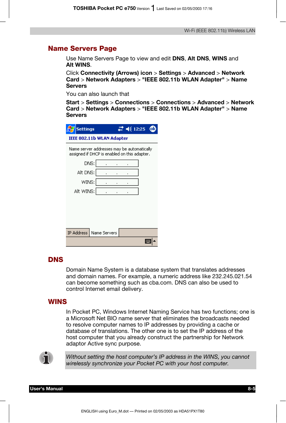 Name servers page, Wins | Toshiba Pocket PC e750 User Manual | Page 119 / 215