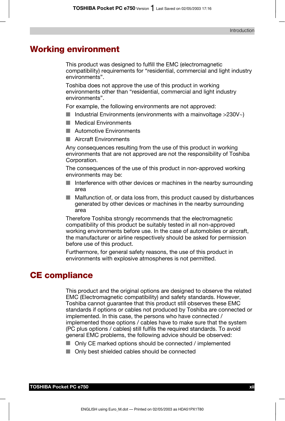 Working environment, Ce compliance | Toshiba Pocket PC e750 User Manual | Page 12 / 215