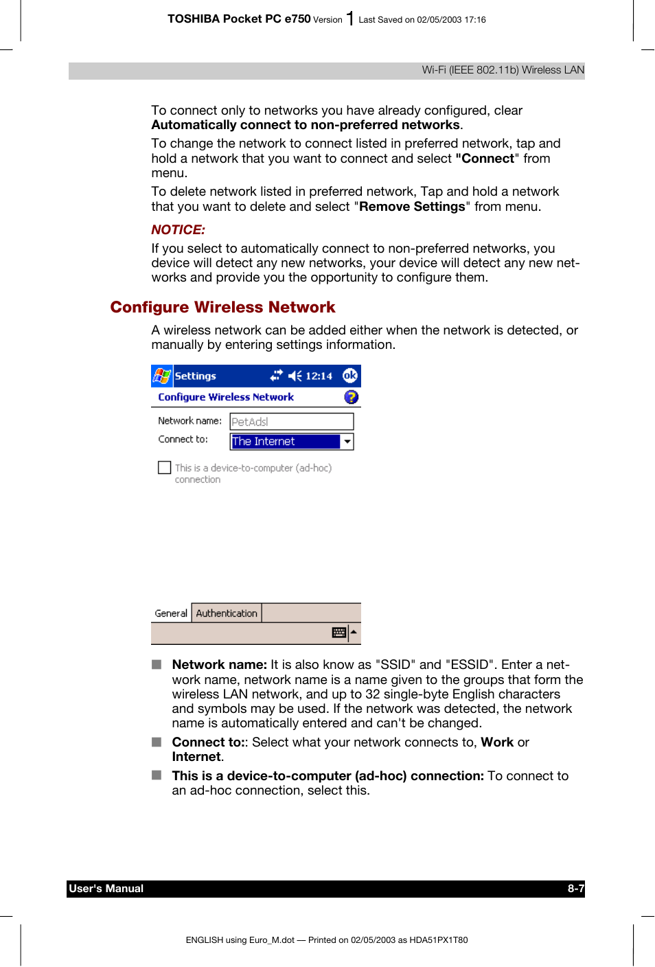 Configure wireless network | Toshiba Pocket PC e750 User Manual | Page 121 / 215