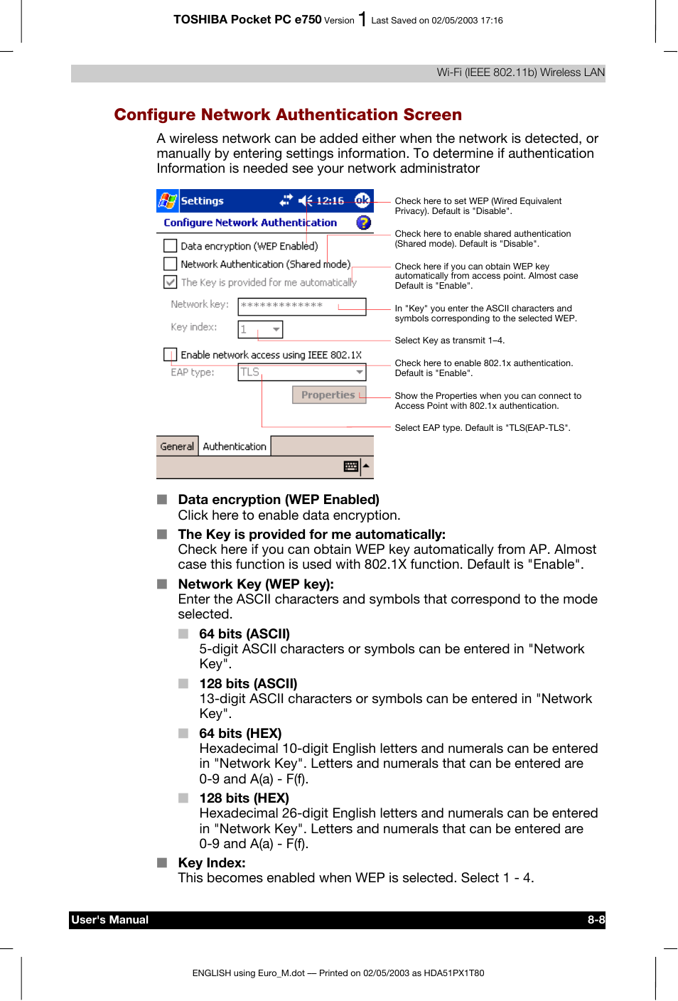 Configure network authentication screen | Toshiba Pocket PC e750 User Manual | Page 122 / 215