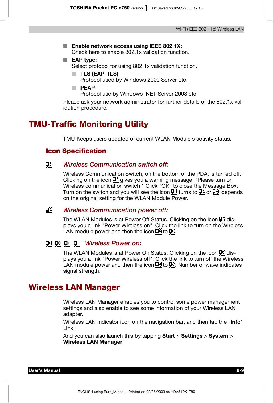 Tmu-traffic monitoring utility, Wireless lan manager, Icon specification | Toshiba Pocket PC e750 User Manual | Page 123 / 215