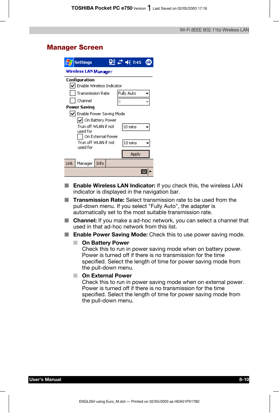 Manager screen | Toshiba Pocket PC e750 User Manual | Page 124 / 215