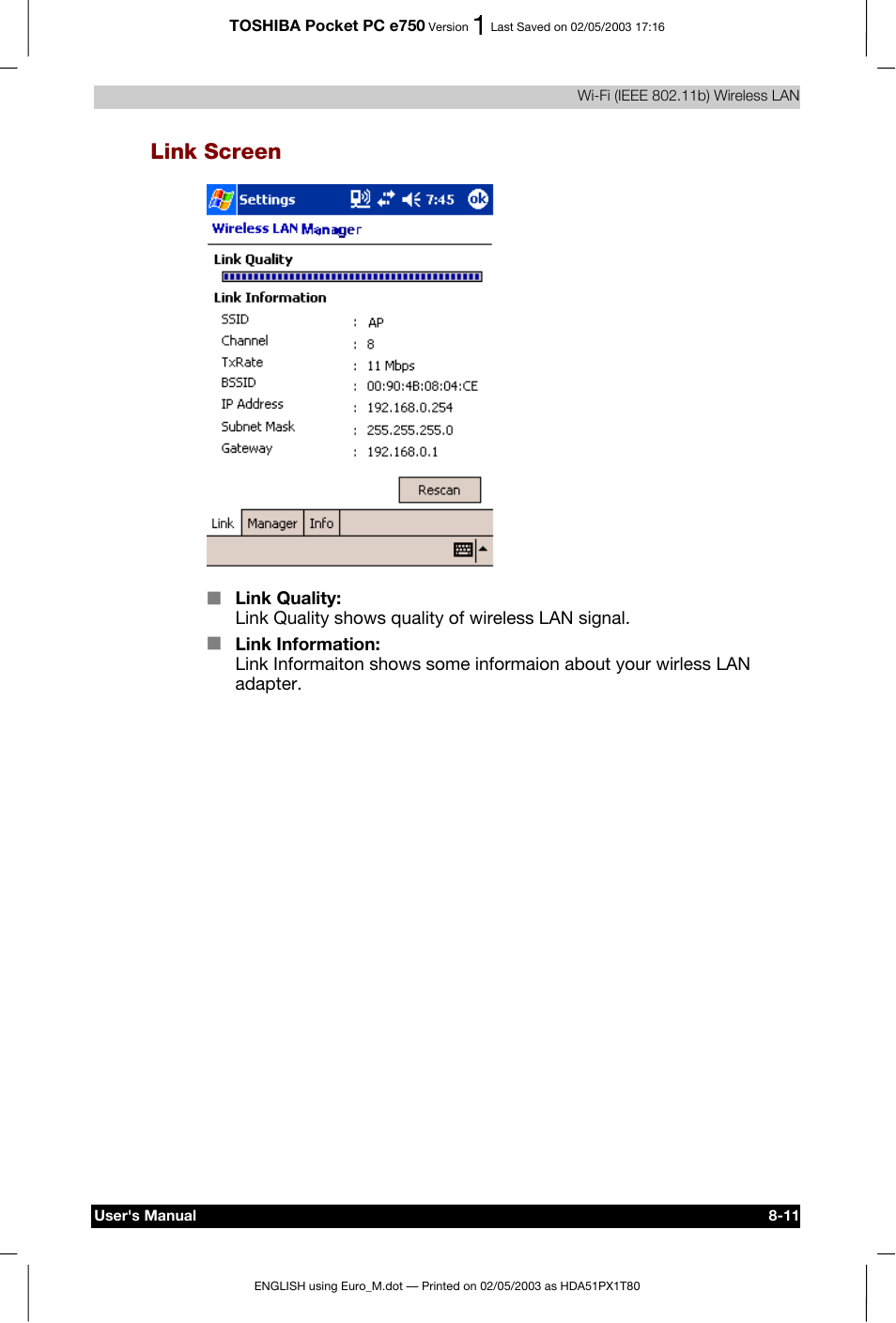 Link screen | Toshiba Pocket PC e750 User Manual | Page 125 / 215