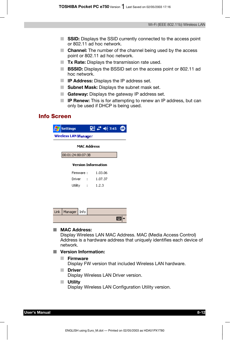 Info screen | Toshiba Pocket PC e750 User Manual | Page 126 / 215