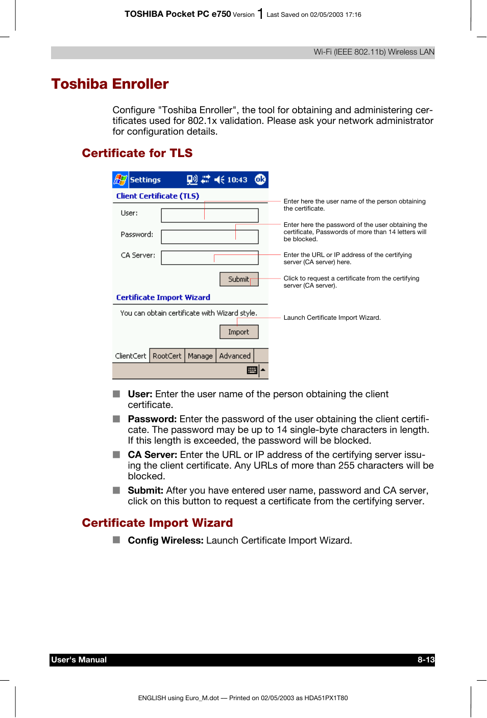 Toshiba enroller, Certificate for tls, Certificate import wizard | Toshiba Pocket PC e750 User Manual | Page 127 / 215