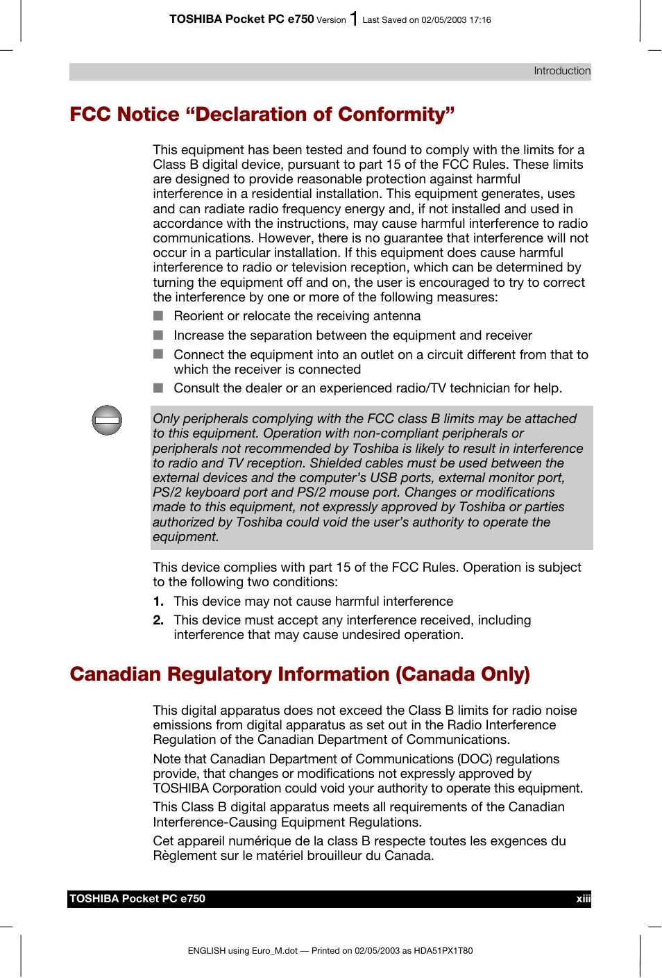 Fcc notice “declaration of conformity, Canadian regulatory information (canada only) | Toshiba Pocket PC e750 User Manual | Page 13 / 215