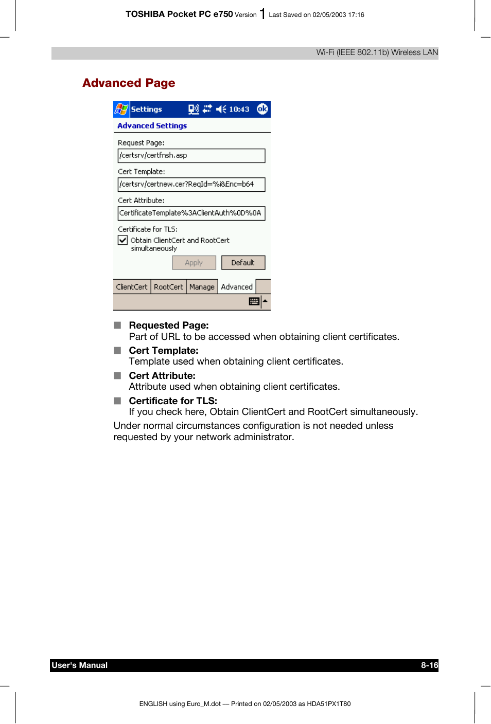 Advanced page | Toshiba Pocket PC e750 User Manual | Page 130 / 215