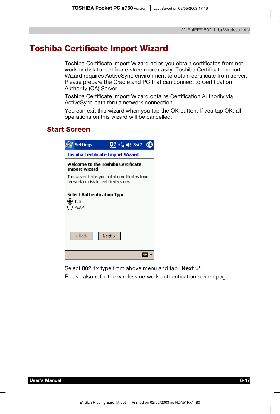 Toshiba certificate import wizard, Start screen | Toshiba Pocket PC e750 User Manual | Page 131 / 215