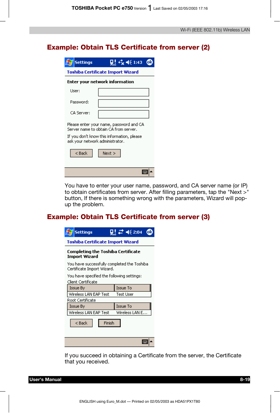 Example: obtain tls certificate from server (2), Example: obtain tls certificate from server (3) | Toshiba Pocket PC e750 User Manual | Page 133 / 215