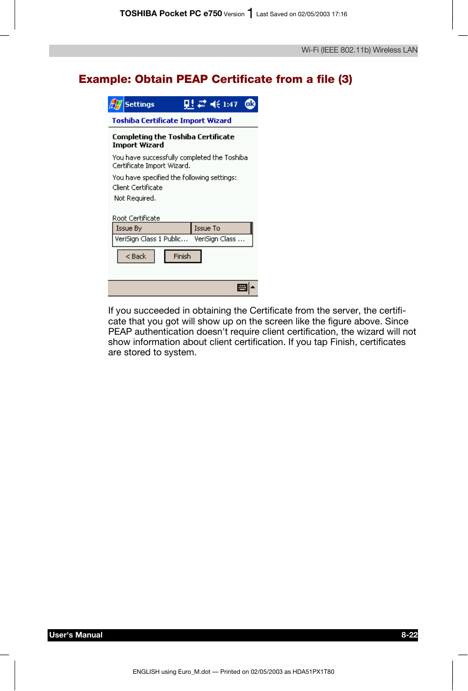 Example: obtain peap certificate from a file (3) | Toshiba Pocket PC e750 User Manual | Page 136 / 215