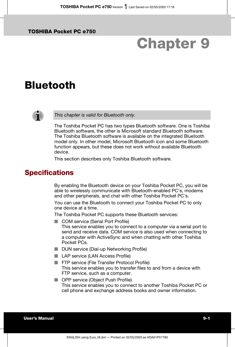 Chapter 9 bluetooth, Specifications, Chapter 9 | Bluetooth | Toshiba Pocket PC e750 User Manual | Page 137 / 215