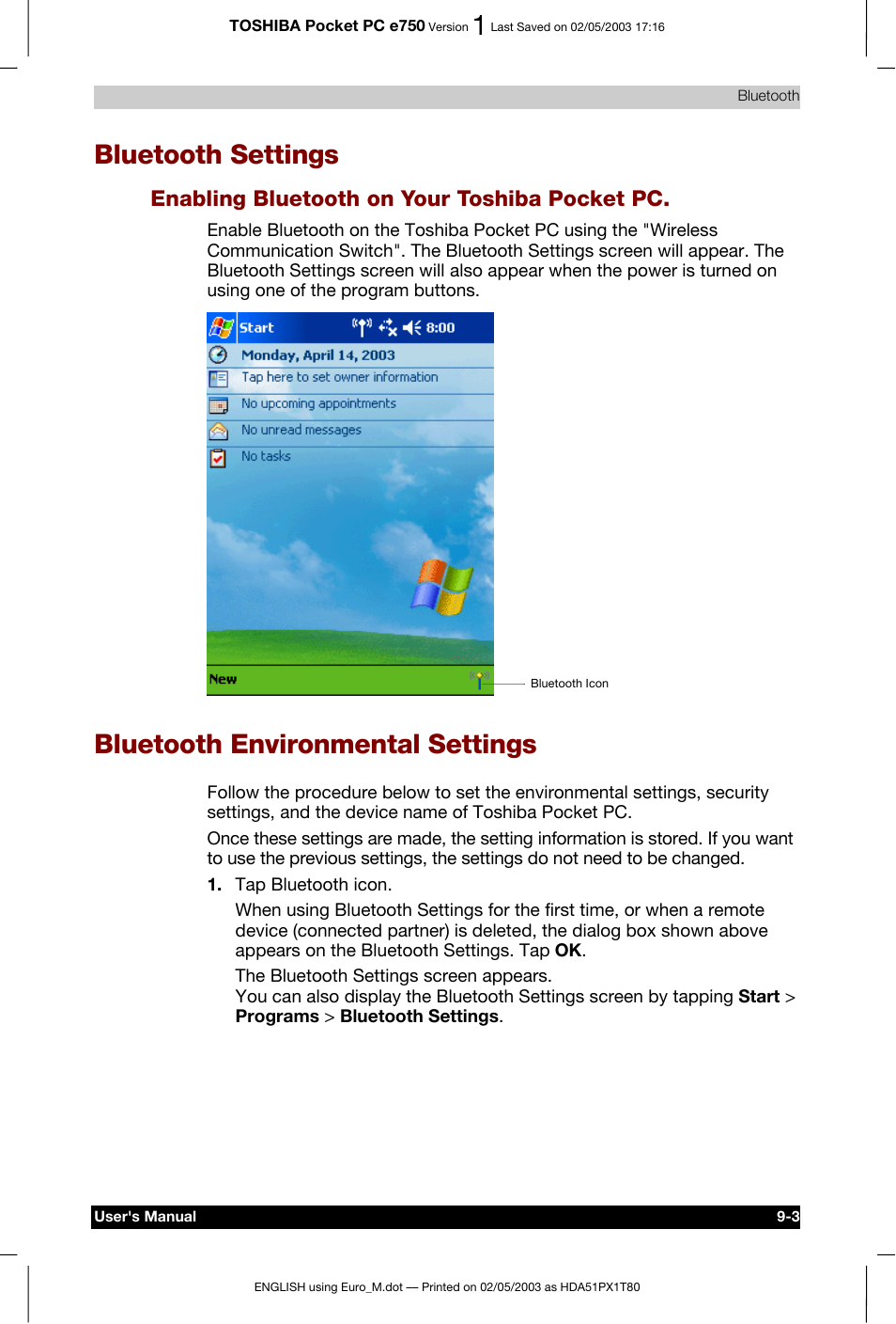Bluetooth settings, Bluetooth environmental settings, Enabling bluetooth on your toshiba pocket pc | Toshiba Pocket PC e750 User Manual | Page 139 / 215