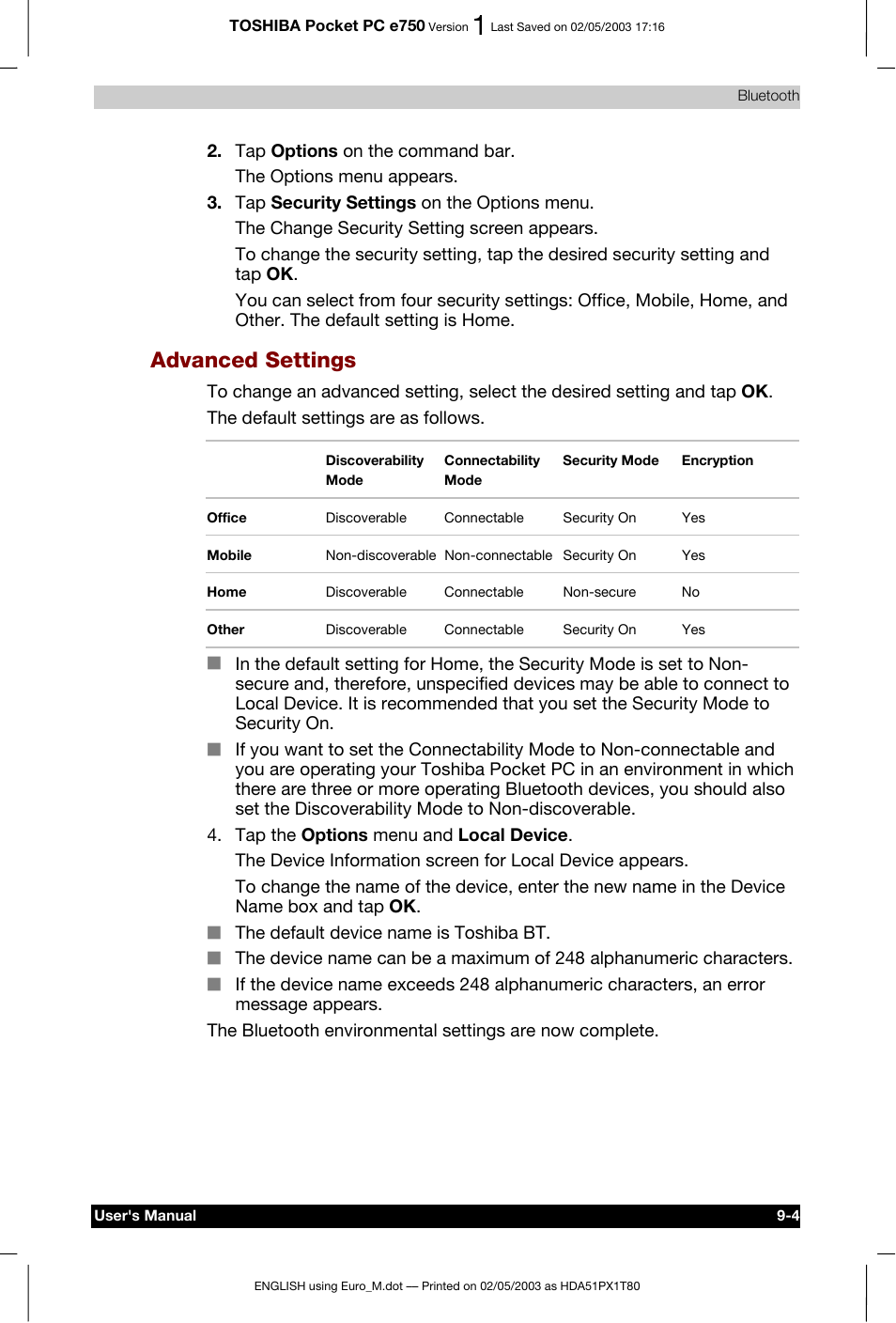 Advanced settings | Toshiba Pocket PC e750 User Manual | Page 140 / 215