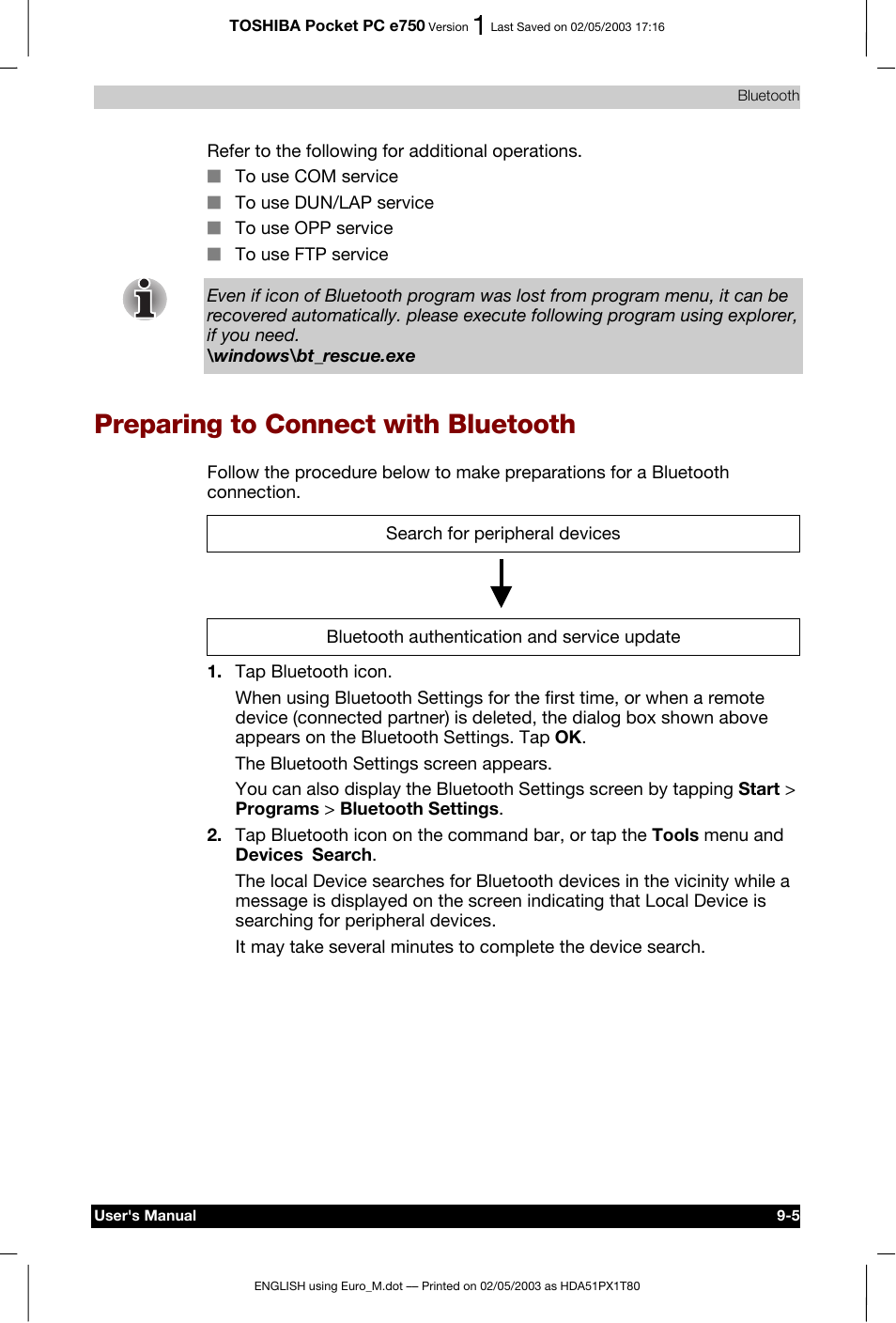 Preparing to connect with bluetooth | Toshiba Pocket PC e750 User Manual | Page 141 / 215