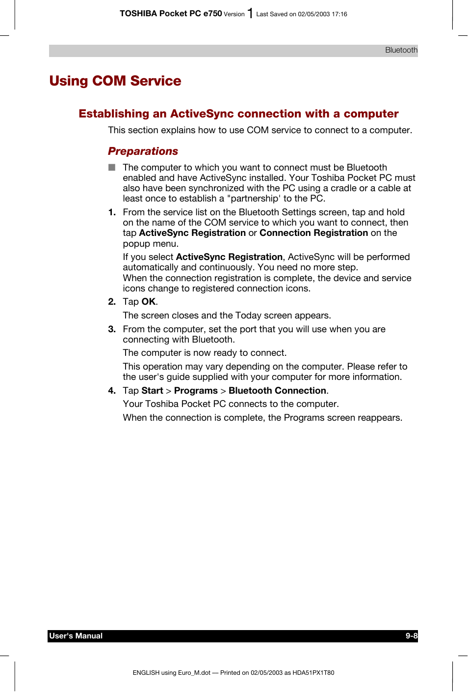 Using com service, Preparations | Toshiba Pocket PC e750 User Manual | Page 144 / 215