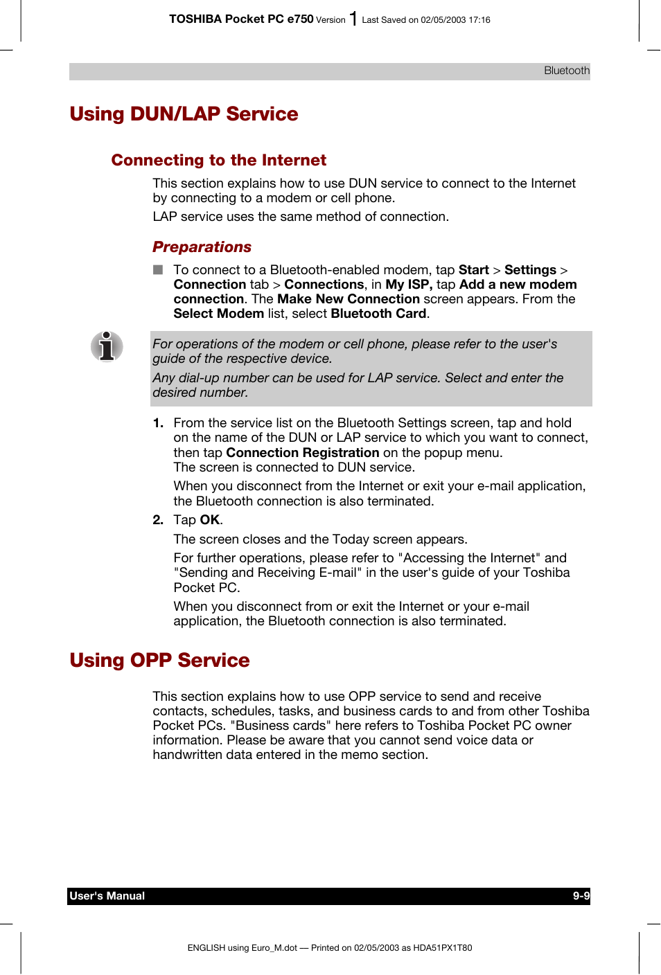 Using dun/lap service, Using opp service, Connecting to the internet | Toshiba Pocket PC e750 User Manual | Page 145 / 215