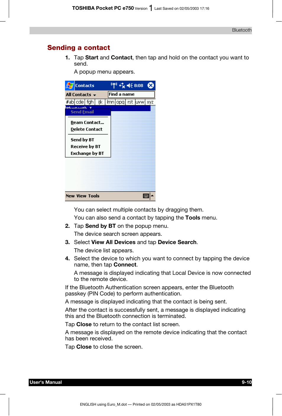 Sending a contact | Toshiba Pocket PC e750 User Manual | Page 146 / 215