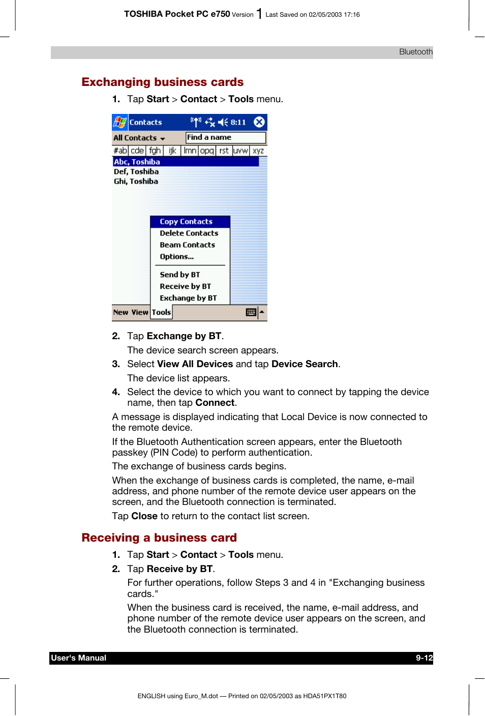 Exchanging business cards, Receiving a business card | Toshiba Pocket PC e750 User Manual | Page 148 / 215