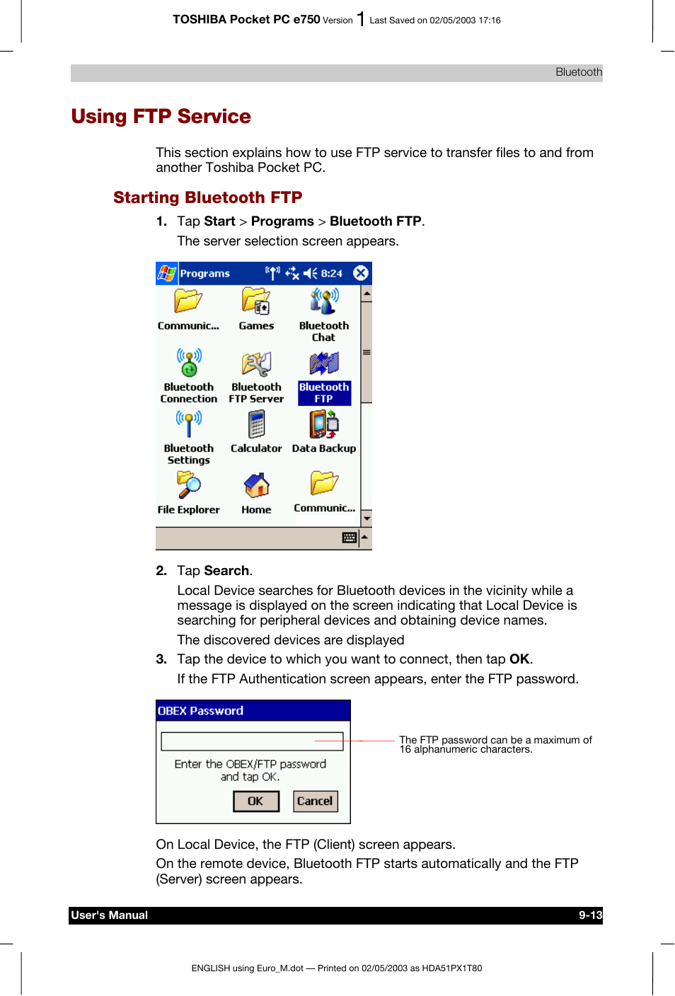 Using ftp service, Starting bluetooth ftp | Toshiba Pocket PC e750 User Manual | Page 149 / 215