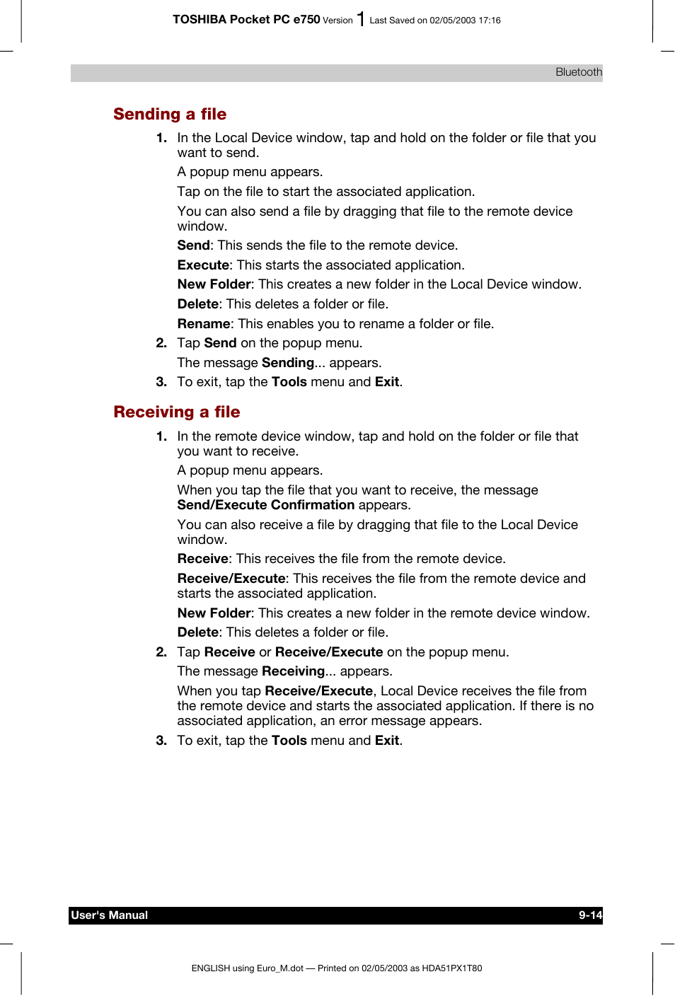 File -14, Sending a file, Receiving a file | Toshiba Pocket PC e750 User Manual | Page 150 / 215