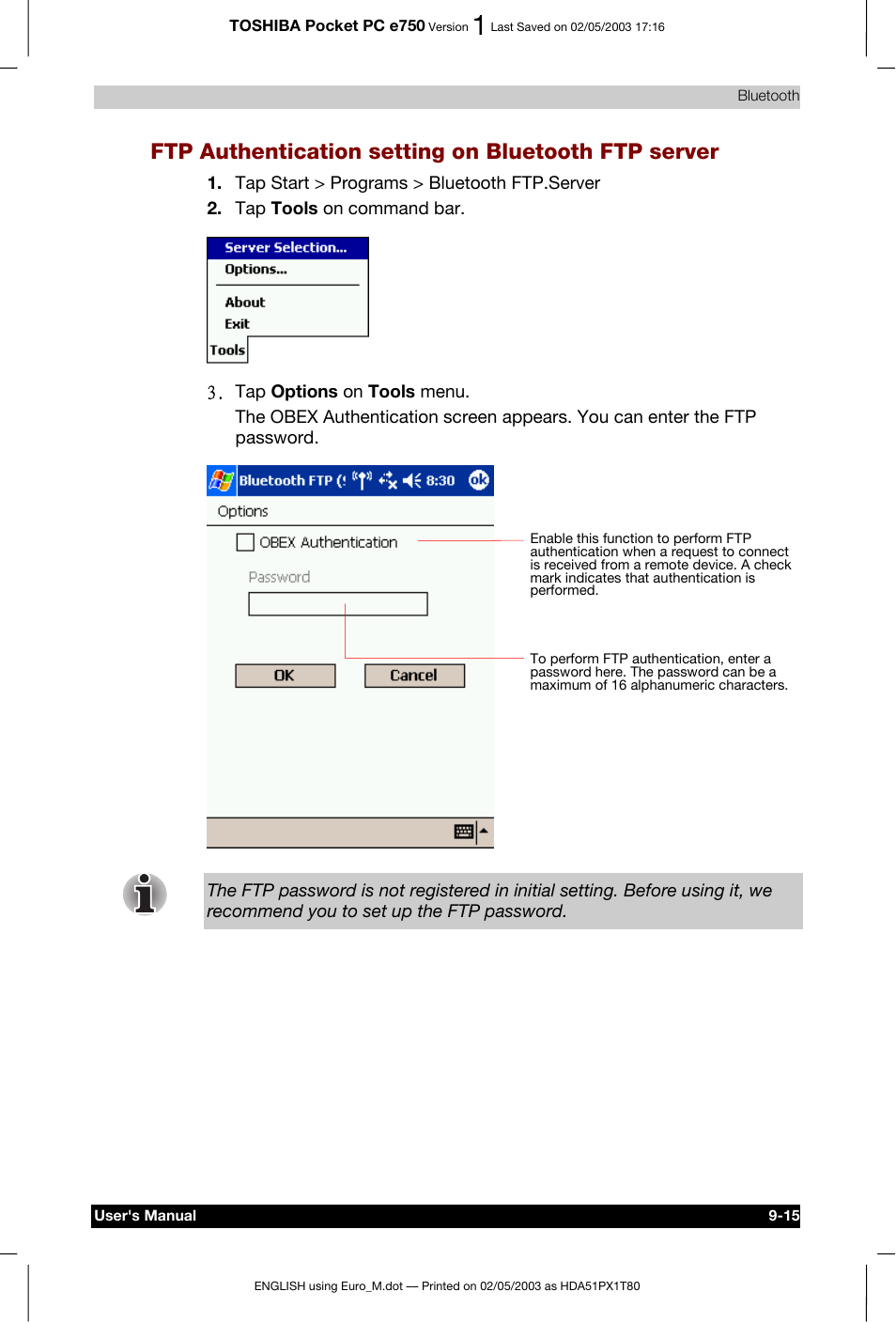 Ftp authentication setting on bluetooth ftp server | Toshiba Pocket PC e750 User Manual | Page 151 / 215