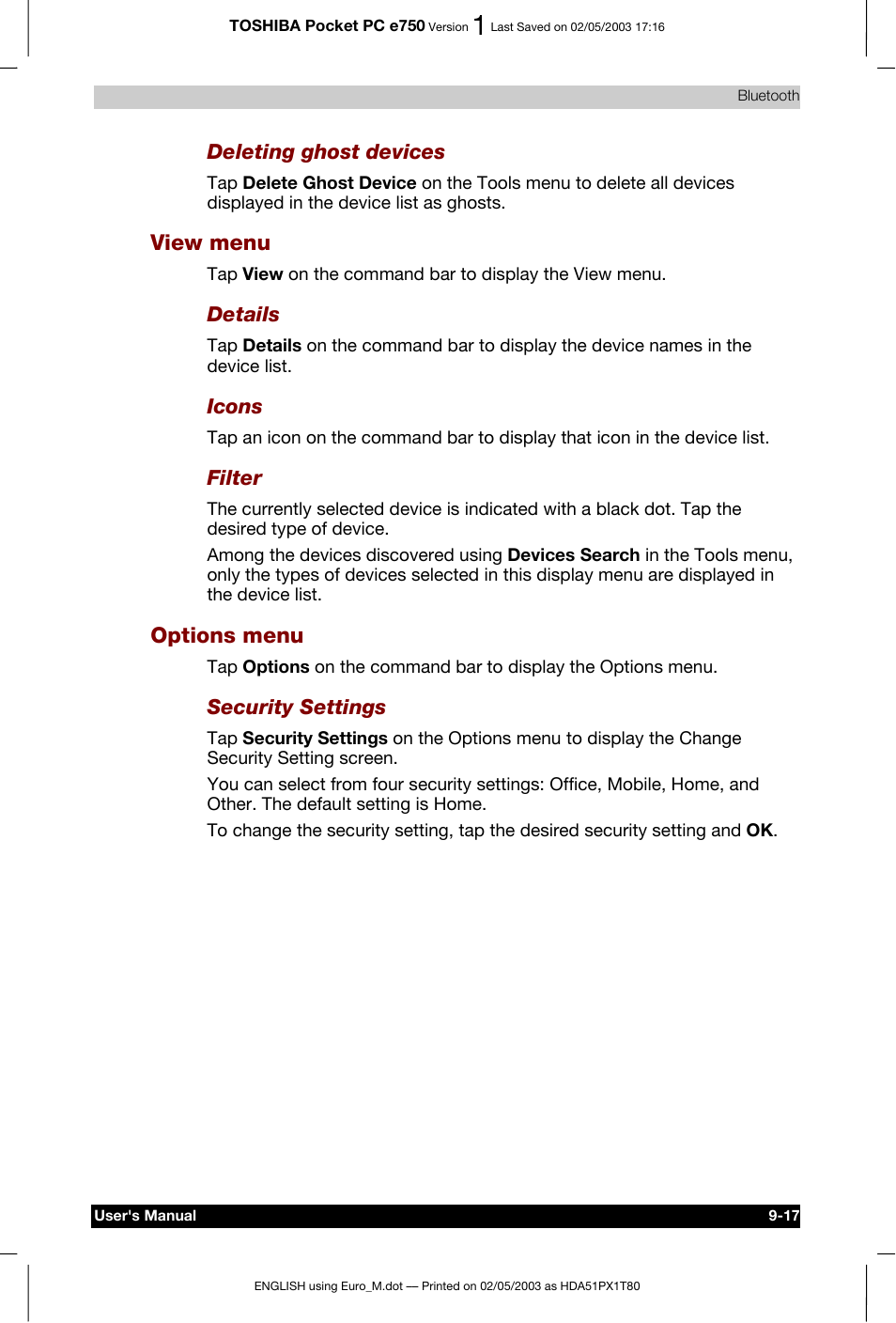 View menu, Options menu | Toshiba Pocket PC e750 User Manual | Page 153 / 215