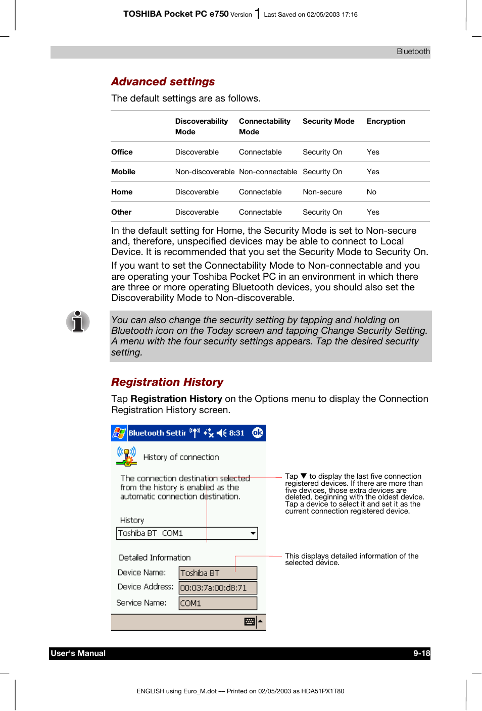 Advanced settings, Registration history, The default settings are as follows | Toshiba Pocket PC e750 User Manual | Page 154 / 215