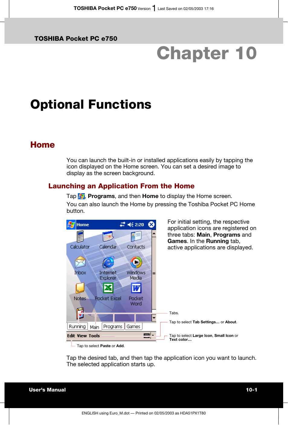 Chapter 10 optional functions, Home, Chapter 10 | Optional functions, Launching an application from the home | Toshiba Pocket PC e750 User Manual | Page 156 / 215