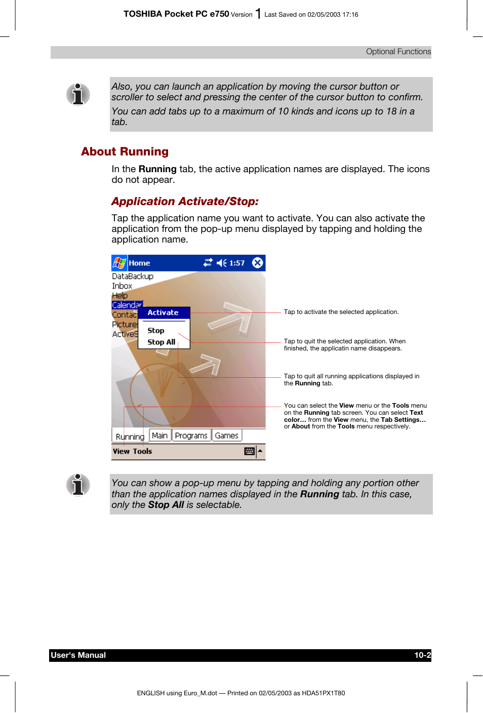 About running, Application activate/stop | Toshiba Pocket PC e750 User Manual | Page 157 / 215