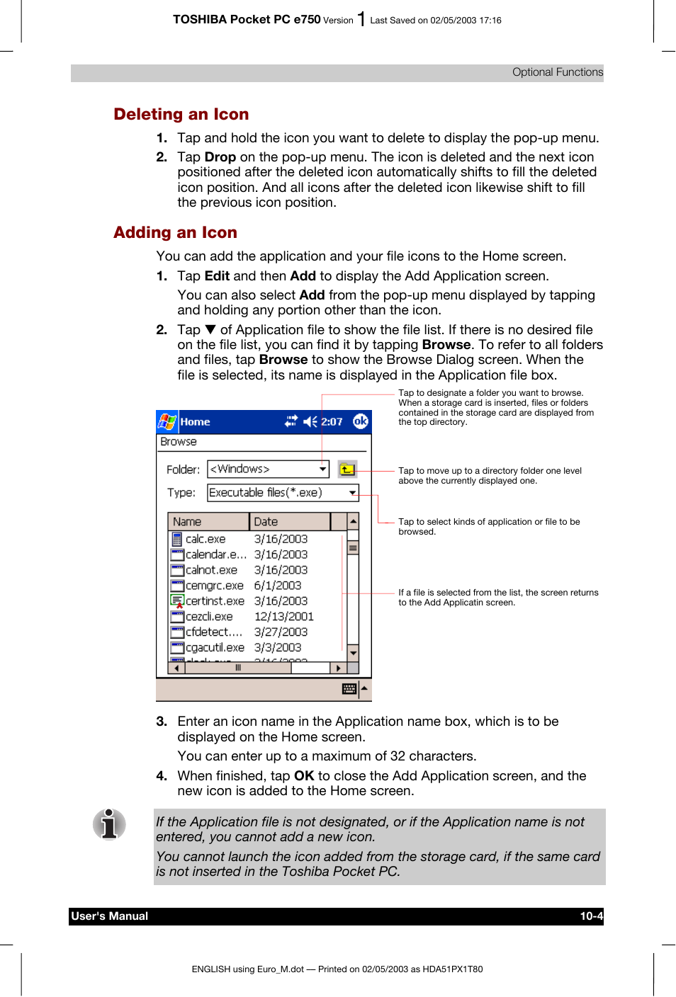 Deleting an icon, Adding an icon | Toshiba Pocket PC e750 User Manual | Page 159 / 215