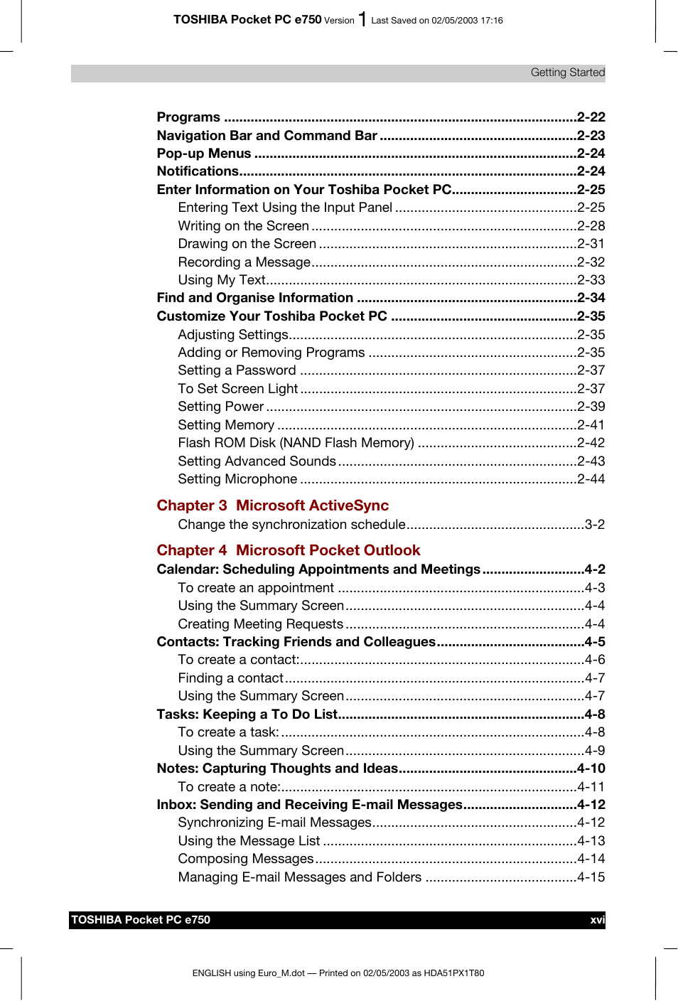 Toshiba Pocket PC e750 User Manual | Page 16 / 215