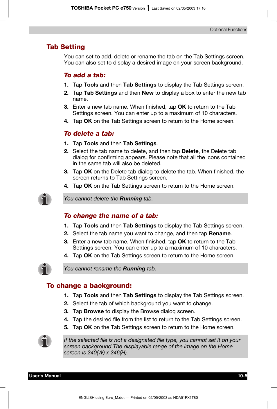 Tab setting | Toshiba Pocket PC e750 User Manual | Page 160 / 215