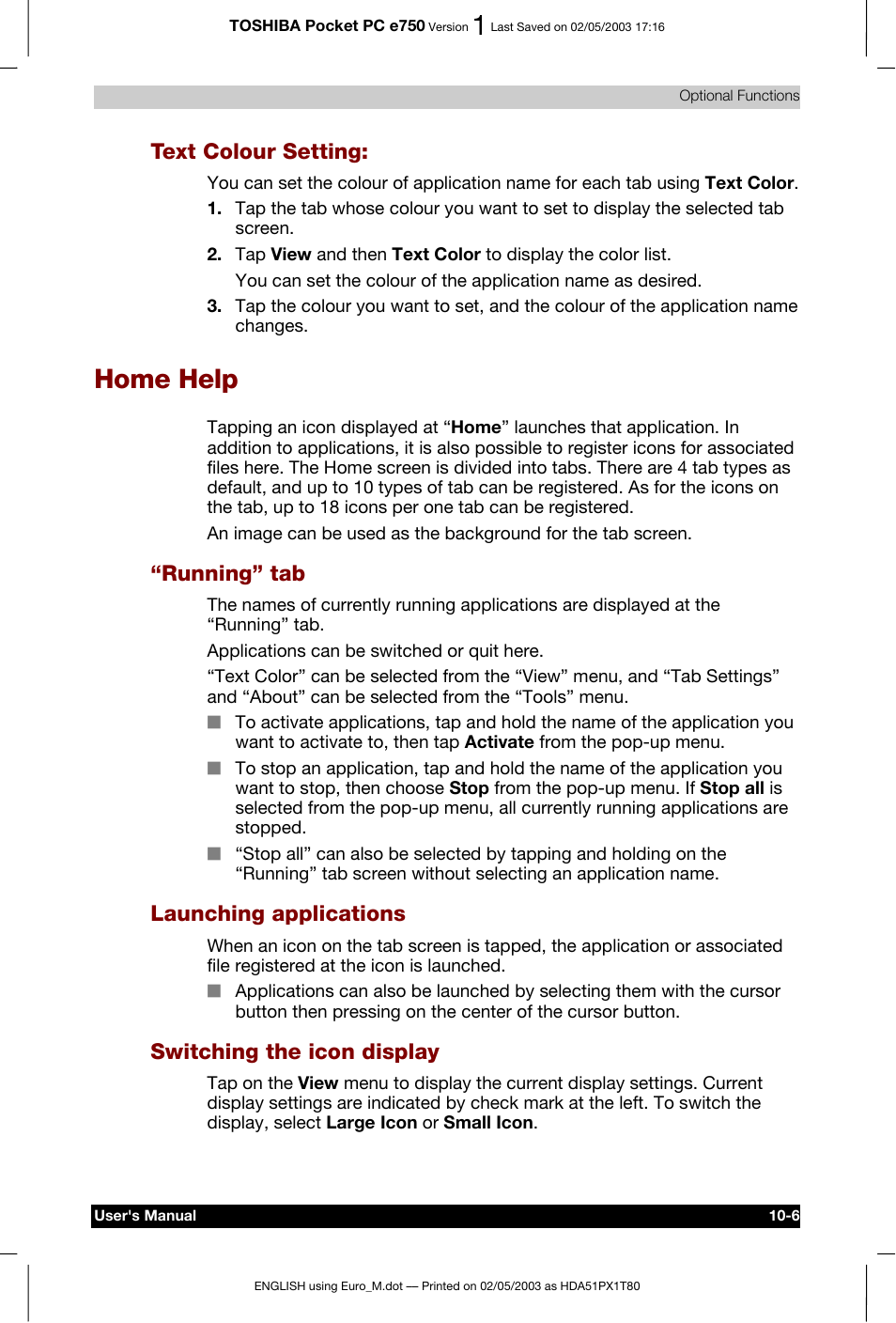 Home help, Text colour setting, Running” tab | Launching applications, Switching the icon display | Toshiba Pocket PC e750 User Manual | Page 161 / 215