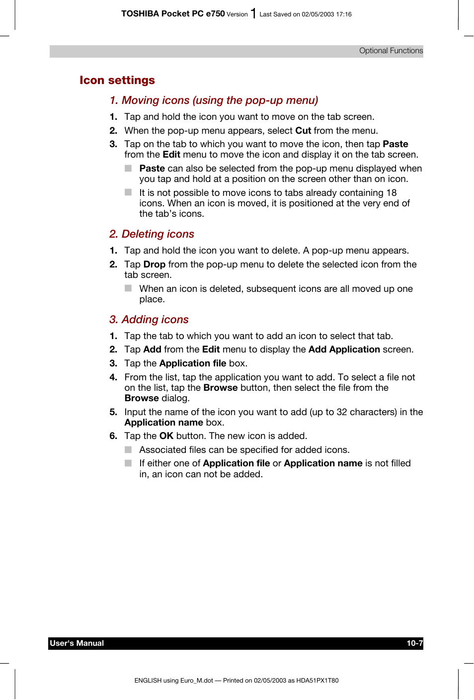 Icon settings, Moving icons (using the pop-up menu), Deleting icons | Adding icons | Toshiba Pocket PC e750 User Manual | Page 162 / 215