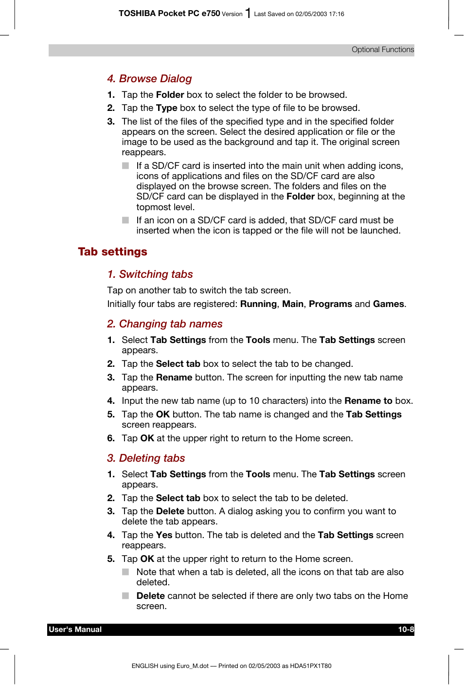 Tab settings, Browse dialog, Switching tabs | Changing tab names, Deleting tabs | Toshiba Pocket PC e750 User Manual | Page 163 / 215