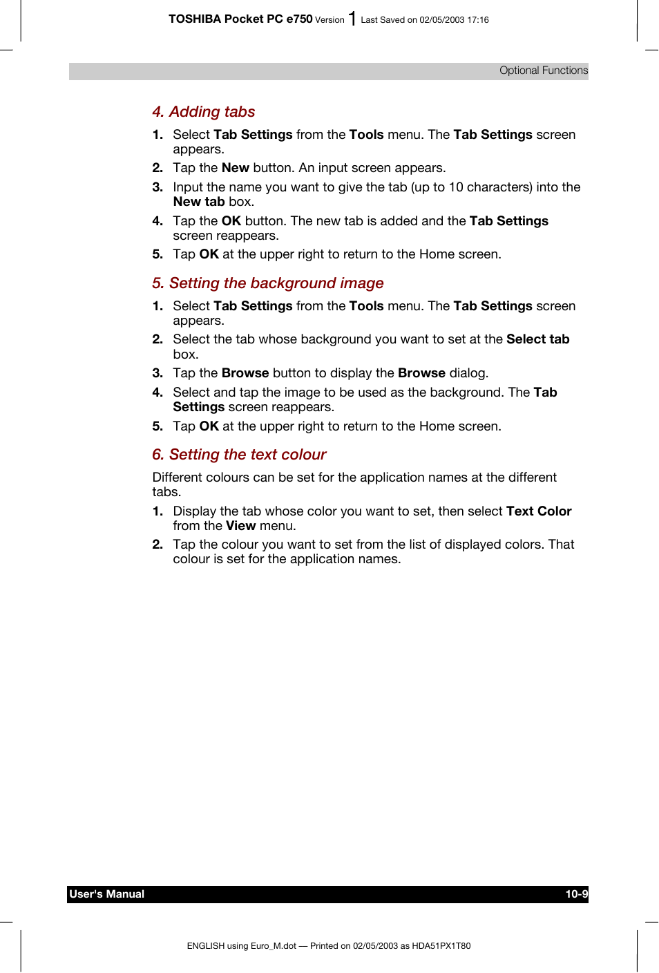Adding tabs, Setting the background image, Setting the text colour | Toshiba Pocket PC e750 User Manual | Page 164 / 215