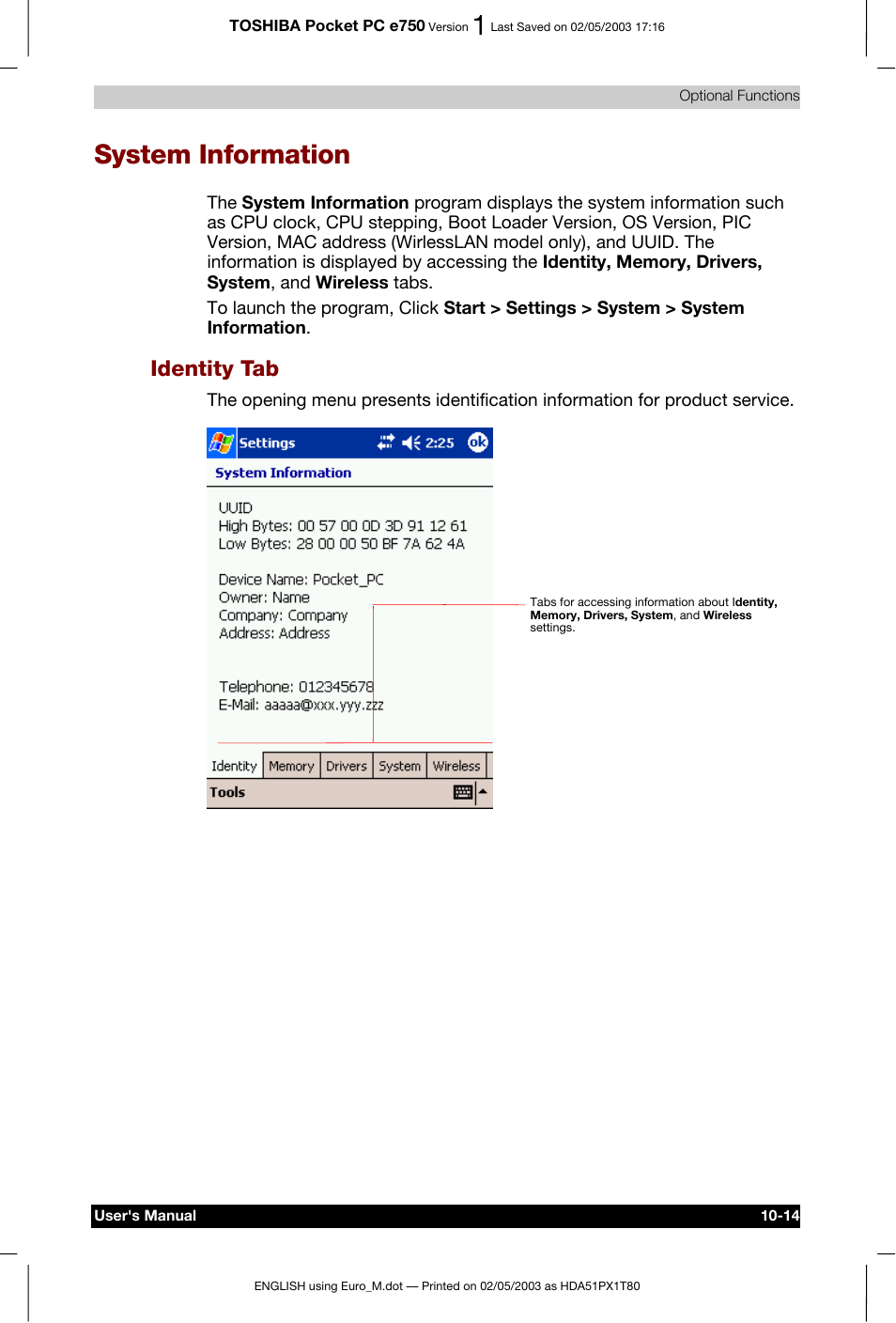 System information, Identity tab | Toshiba Pocket PC e750 User Manual | Page 169 / 215