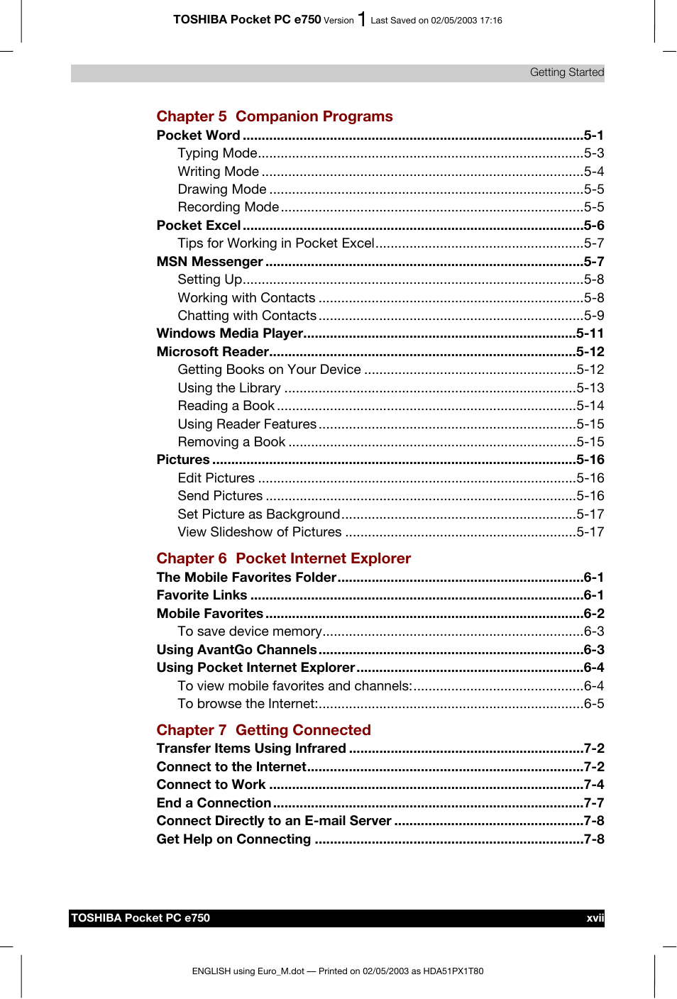 Toshiba Pocket PC e750 User Manual | Page 17 / 215