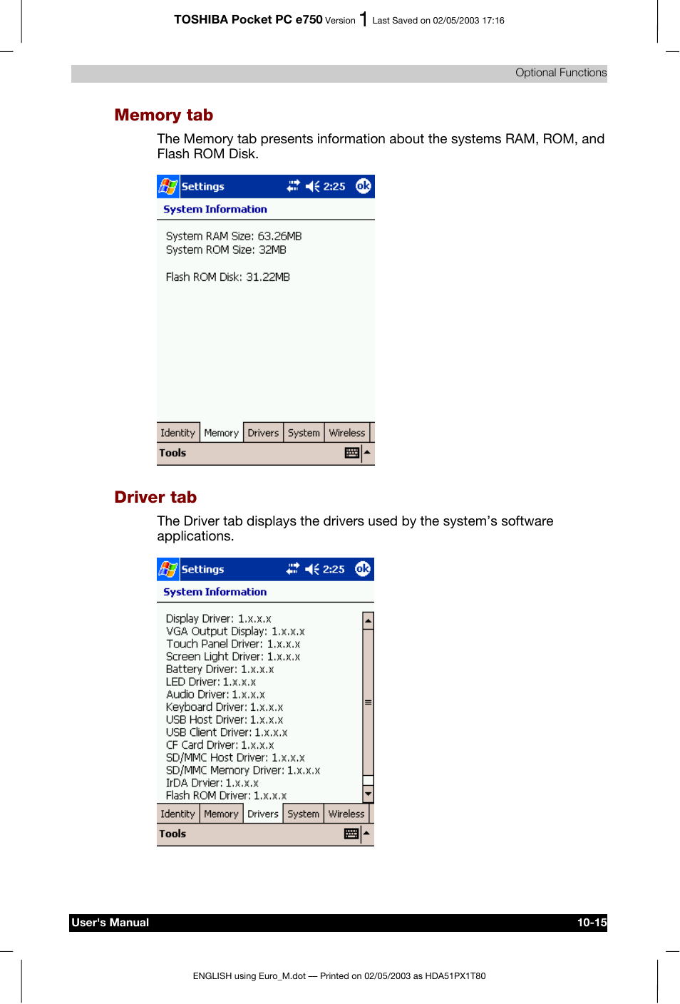 Driver tab | Toshiba Pocket PC e750 User Manual | Page 170 / 215