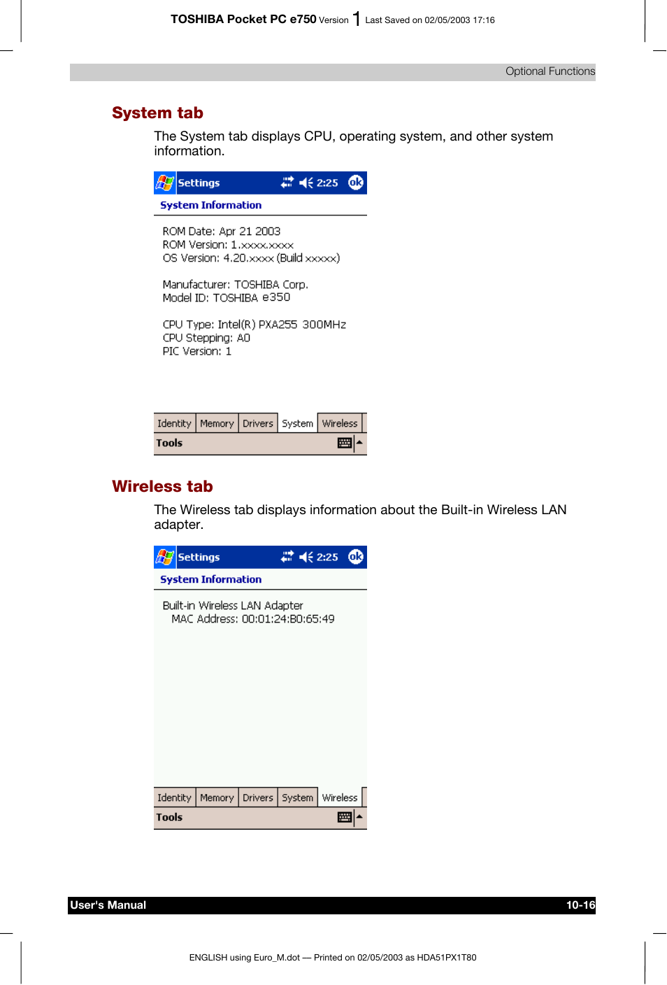 System tab, Wireless tab | Toshiba Pocket PC e750 User Manual | Page 171 / 215