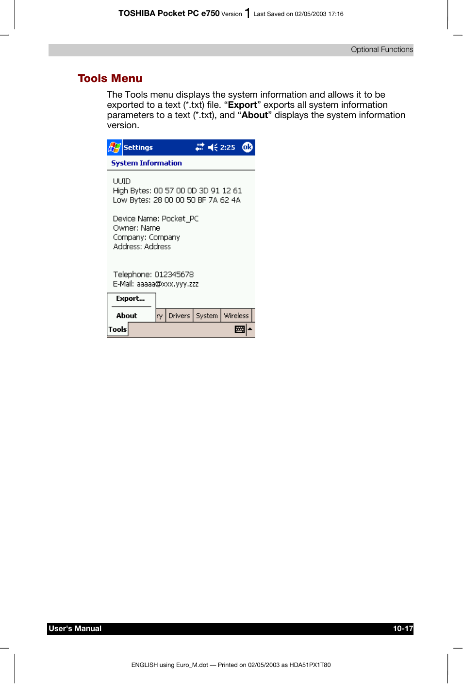 Tools menu | Toshiba Pocket PC e750 User Manual | Page 172 / 215