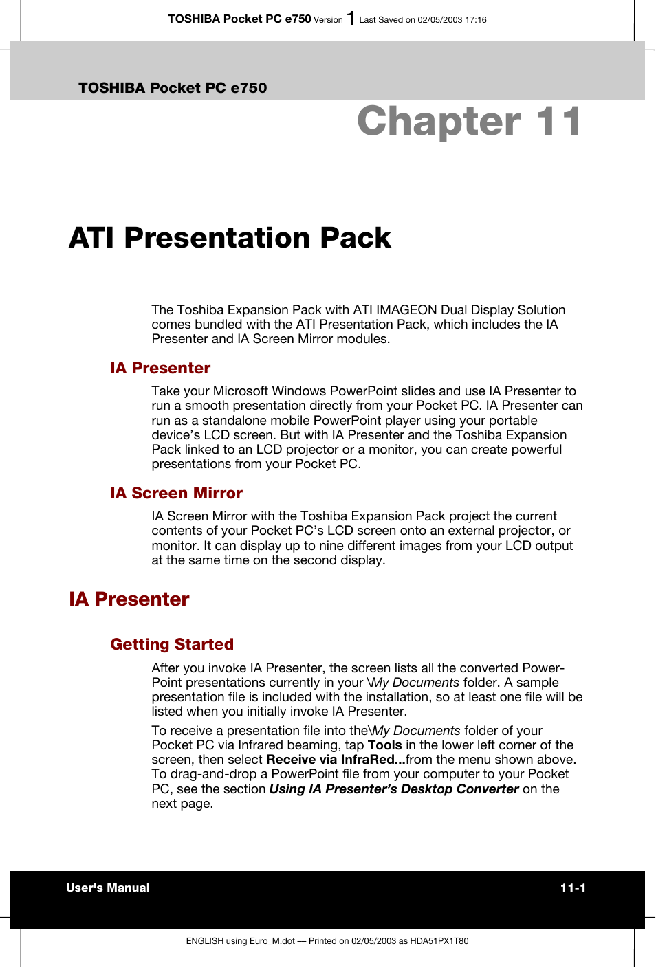 Chapter 11 ati presentation pack, Ia presenter, Chapter 11 | Ati presentation pack | Toshiba Pocket PC e750 User Manual | Page 173 / 215