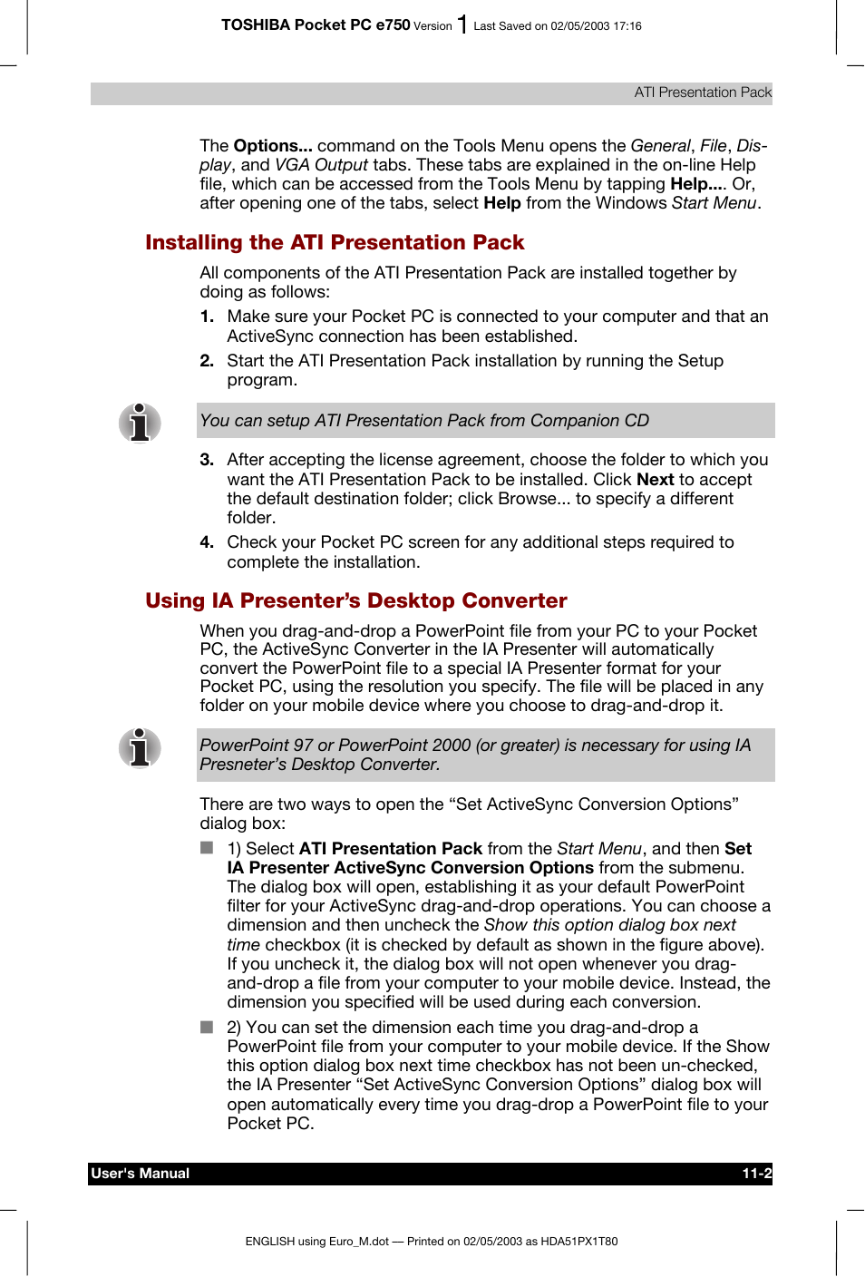 Installing the ati presentation pack, Using ia presenter’s desktop converter | Toshiba Pocket PC e750 User Manual | Page 174 / 215