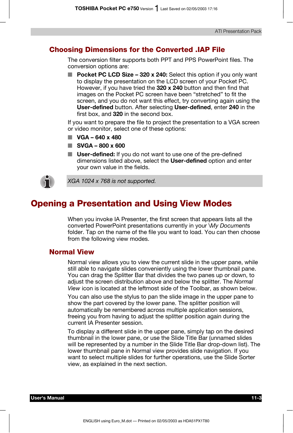 Opening a presentation and using view modes, Choosing dimensions for the converted .iap file, Normal view | Toshiba Pocket PC e750 User Manual | Page 175 / 215