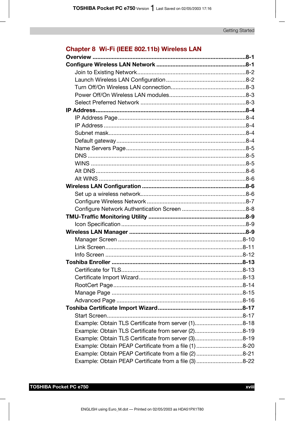 Toshiba Pocket PC e750 User Manual | Page 18 / 215