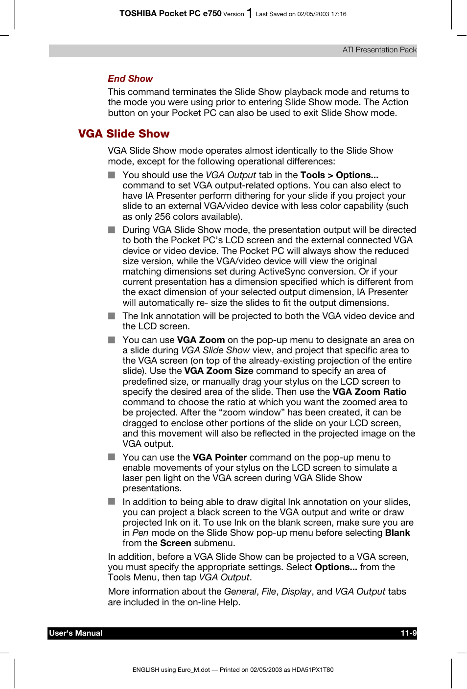 Vga slide show | Toshiba Pocket PC e750 User Manual | Page 181 / 215