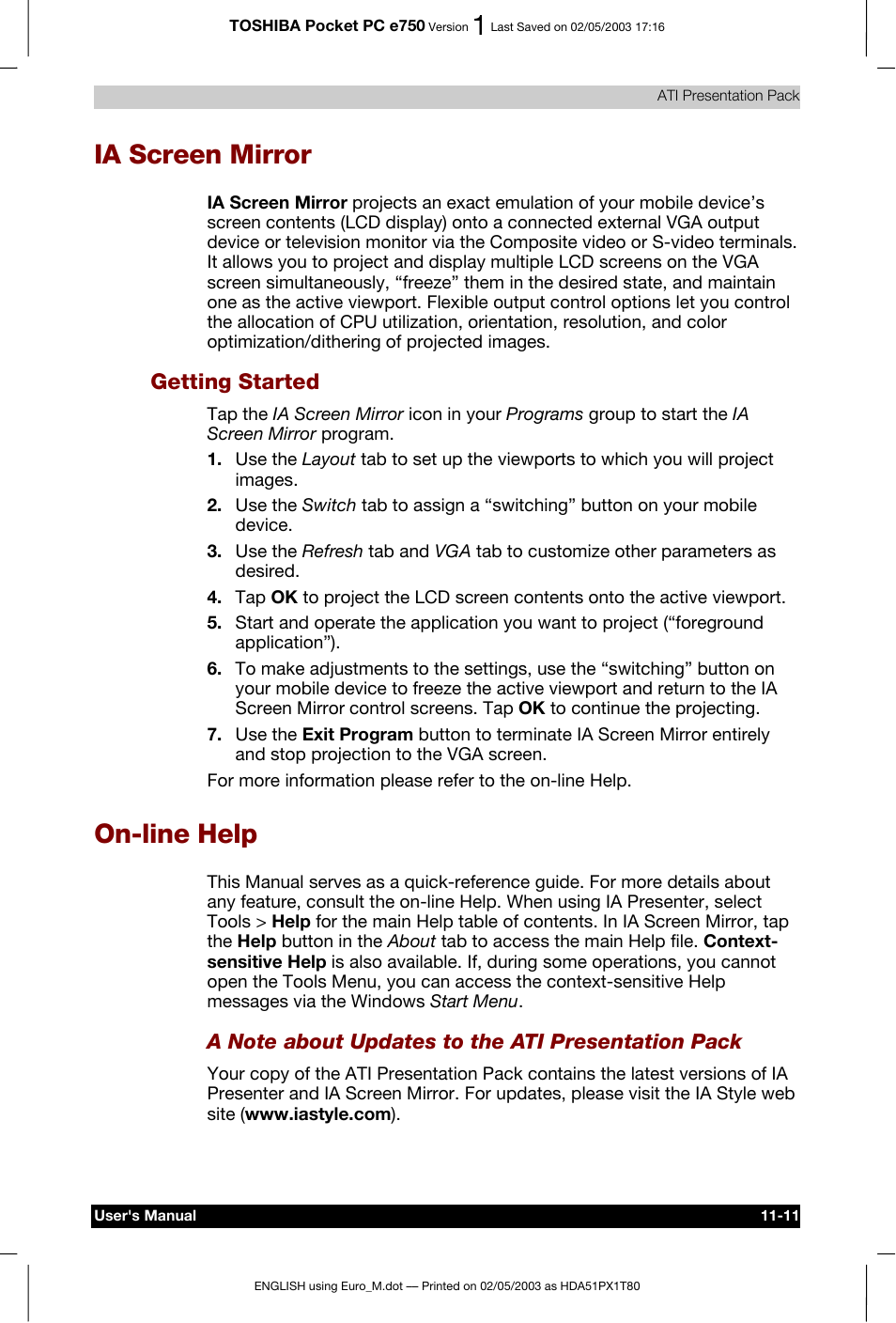 Ia screen mirror, On-line help, Getting started | Toshiba Pocket PC e750 User Manual | Page 183 / 215