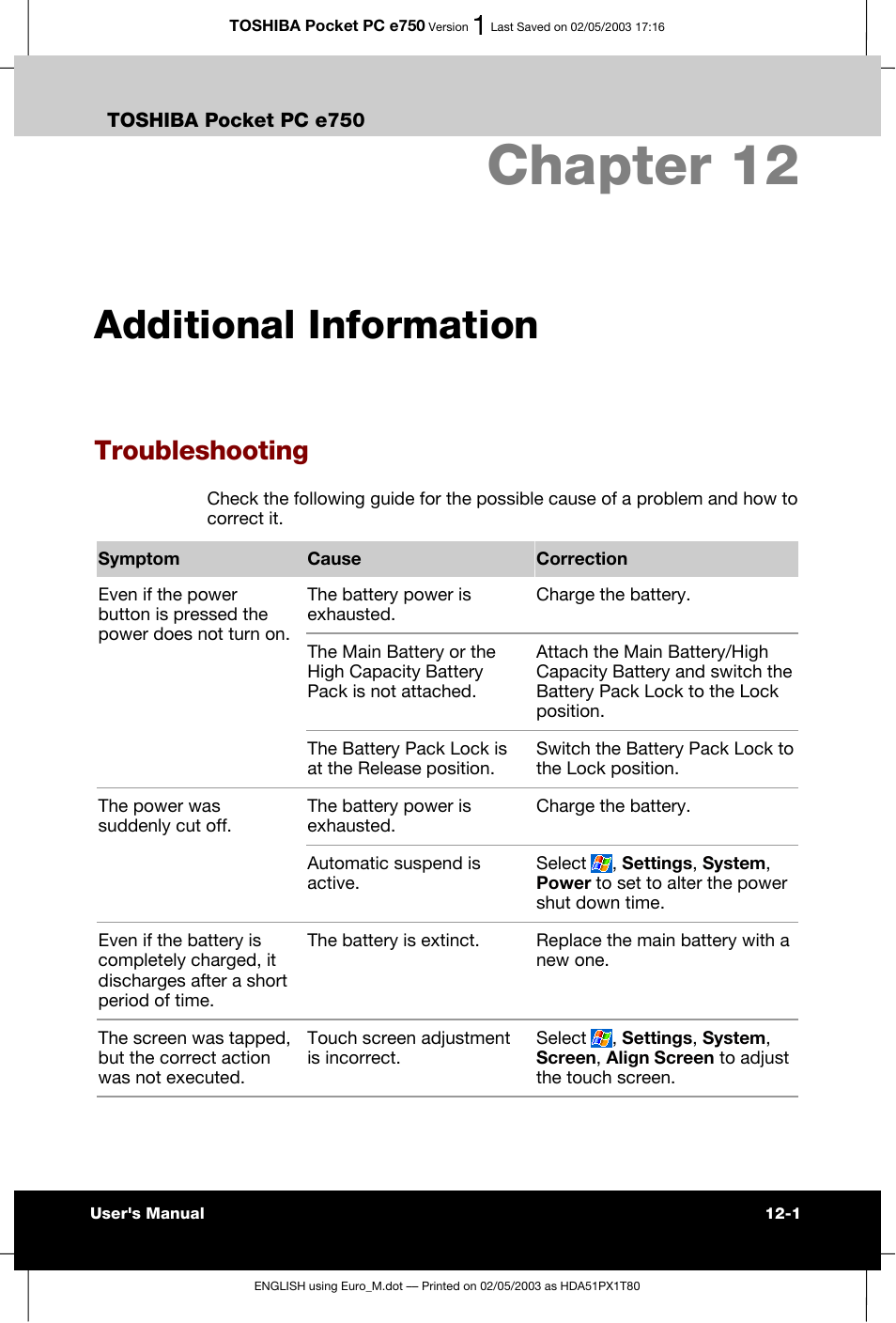 Chapter 12 additional information, Troubleshooting, Chapter 12 | Additional information | Toshiba Pocket PC e750 User Manual | Page 185 / 215